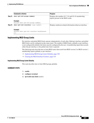 Implementing IPv6 Multicast
How to Implement IPv6 Multicast
327
Cisco IOS IPv6 Configuration Guide
78-17482-01
Implementing MLD Group Limits
Per-interface and global MLD limits operate independently of each other. Both per-interface and global
MLD limits can be configured on the same router. The number of MLD limits, globally or per interface,
is not configured by default; the limits must be configured by the user. A membership report that exceeds
either the per-interface or the global state limit is ignored.
The following tasks describe how to limit MLD states that result from MLD version 2 or MLD version 1
membership reports globally or per interface:
• Implementing MLD Group Limits Globally, page 328
• Clearing the MLD Interface Counters, page 335
Implementing MLD Group Limits Globally
This task describes how to limit MLD groups globally.
SUMMARY STEPS
1. enable
2. configure terminal
3. ipv6 mld state-limit number
Step 12 show ipv6 mld groups summary
Example:
Router# show ipv6 mld groups summary
Displays the number of (*, G) and (S, G) membership
reports present in the MLD cache.
Step 13 show ipv6 mld interface [type number]
Example:
Router# show ipv6 mld interface FastEthernet
2/1
Displays multicast-related information about an interface.
Command or Action Purpose
 