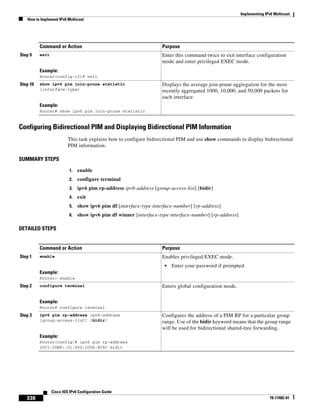 Implementing IPv6 Multicast
How to Implement IPv6 Multicast
338
Cisco IOS IPv6 Configuration Guide
78-17482-01
Configuring Bidirectional PIM and Displaying Bidirectional PIM Information
This task explains how to configure bidirectional PIM and use show commands to display bidirectional
PIM information.
SUMMARY STEPS
1. enable
2. configure terminal
3. ipv6 pim rp-address ipv6-address [group-access-list] [bidir]
4. exit
5. show ipv6 pim df [interface-type interface-number] [rp-address]
6. show ipv6 pim df winner [interface-type interface-number] [rp-address]
DETAILED STEPS
Step 9 exit
Example:
Router(config-if)# exit
Enter this command twice to exit interface configuration
mode and enter privileged EXEC mode.
Step 10 show ipv6 pim join-prune statistic
[interface-type]
Example:
Router# show ipv6 pim join-prune statistic
Displays the average join-prune aggregation for the most
recently aggregated 1000, 10,000, and 50,000 packets for
each interface.
Command or Action Purpose
Command or Action Purpose
Step 1 enable
Example:
Router> enable
Enables privileged EXEC mode.
• Enter your password if prompted.
Step 2 configure terminal
Example:
Router# configure terminal
Enters global configuration mode.
Step 3 ipv6 pim rp-address ipv6-address
[group-access-list] [bidir]
Example:
Router(config)# ipv6 pim rp-address
2001:0DB8::01:800:200E:8C6C bidir
Configures the address of a PIM RP for a particular group
range. Use of the bidir keyword means that the group range
will be used for bidirectional shared-tree forwarding.
 