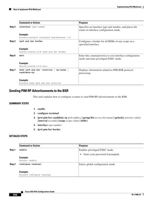 Implementing IPv6 Multicast
How to Implement IPv6 Multicast
342
Cisco IOS IPv6 Configuration Guide
78-17482-01
Sending PIM RP Advertisements to the BSR
This task explains how to configure a router to send PIM RP advertisements to the BSR.
SUMMARY STEPS
1. enable
2. configure terminal
3. ipv6 pim bsr candidate rp ipv6-address [group-list access-list-name] [priority priority-value]
[interval seconds] [scope scope-value] [bidir]
4. interface type number
5. ipv6 pim bsr border
DETAILED STEPS
Step 4 interface type number
Example:
Router(config)# interface FastEthernet 1/0
Specifies an interface type and number, and places the
router in interface configuration mode.
Step 5 ipv6 pim bsr border
Example:
Router(config-if)# ipv6 pim bsr border
Configures a border for all BSMs of any scope on a
specified interface.
Step 6 exit
Example:
Router(config-if)# exit
Enter this command twice to exit interface configuration
mode and enter privileged EXEC mode.
Step 7 show ipv6 pim bsr {election | rp-cache |
candidate-rp}
Example:
Router# show ipv6 pim bsr election
Displays information related to PIM BSR protocol
processing.
Command or Action Purpose
Command or Action Purpose
Step 1 enable
Example:
Router> enable
Enables privileged EXEC mode.
• Enter your password if prompted.
Step 2 configure terminal
Example:
Router# configure terminal
Enters global configuration mode.
 
