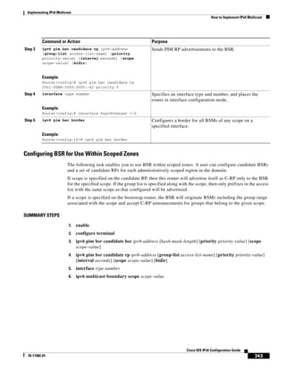 Implementing IPv6 Multicast
How to Implement IPv6 Multicast
343
Cisco IOS IPv6 Configuration Guide
78-17482-01
Configuring BSR for Use Within Scoped Zones
The following task enables you to use BSR within scoped zones. A user can configure candidate BSRs
and a set of candidate RPs for each administratively scoped region in the domain.
If scope is specified on the candidate RP, then this router will advertise itself as C-RP only to the BSR
for the specified scope. If the group list is specified along with the scope, then only prefixes in the access
list with the same scope as that configured will be advertised.
If a scope is specified on the bootstrap router, the BSR will originate BSMs including the group range
associated with the scope and accept C-RP announcements for groups that belong to the given scope.
SUMMARY STEPS
1. enable
2. configure terminal
3. ipv6 pim bsr candidate bsr ipv6-address [hash-mask-length] [priority priority-value] [scope
scope-value]
4. ipv6 pim bsr candidate rp ipv6-address [group-list access-list-name] [priority priority-value]
[interval seconds] [scope scope-value] [bidir]
5. interface type number
6. ipv6 multicast boundary scope scope-value
Step 3 ipv6 pim bsr candidate rp ipv6-address
[group-list access-list-name] [priority
priority-value] [interval seconds] [scope
scope-value] [bidir]
Example:
Router(config)# ipv6 pim bsr candidate rp
2001:0DB8:3000:3000::42 priority 0
Sends PIM RP advertisements to the BSR.
Step 4 interface type number
Example:
Router(config)# interface FastEthernet 1/0
Specifies an interface type and number, and places the
router in interface configuration mode.
Step 5 ipv6 pim bsr border
Example:
Router(config-if)# ipv6 pim bsr border
Configures a border for all BSMs of any scope on a
specified interface.
Command or Action Purpose
 