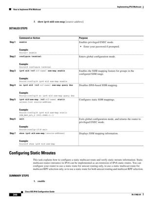 Implementing IPv6 Multicast
How to Implement IPv6 Multicast
346
Cisco IOS IPv6 Configuration Guide
78-17482-01
7. show ipv6 mld ssm-map [source-address]
DETAILED STEPS
Configuring Static Mroutes
This task explains how to configure a static multicast route and verify static mroute information. Static
multicast routes (mroutes) in IPv6 can be implemented as an extension of IPv6 static routes. You can
configure your router to use a static route for unicast routing only, to use a static multicast route for
multicast RPF selection only, or to use a static route for both unicast routing and multicast RPF selection.
SUMMARY STEPS
1. enable
Command or Action Purpose
Step 1 enable
Example:
Router> enable
Enables privileged EXEC mode.
• Enter your password if prompted.
Step 2 configure terminal
Example:
Router# configure terminal
Enters global configuration mode.
Step 3 ipv6 mld [vrf vrf-name] ssm-map enable
Example:
Router(config)# ipv6 mld ssm-map enable
Enables the SSM mapping feature for groups in the
configured SSM range.
Step 4 no ipv6 mld [vrf vrf-name] ssm-map query dns
Example:
Router(config)# no ipv6 mld ssm-map query dns
Disables DNS-based SSM mapping.
Step 5 ipv6 mld ssm-map [vrf vrf-name] static
access-list source-address
Example:
Router(config)# ipv6 mld ssm-map static
SSM_MAP_ACL_2 2001:0DB8:1::1
Configures static SSM mappings.
Step 6 exit
Example:
Router(config-if)# exit
Exits global configuration mode, and returns the router to
privileged EXEC mode.
Step 7 show ipv6 mld ssm-map [source-address]
Example:
Router# show ipv6 mld ssm-map
Displays SSM mapping information.
 