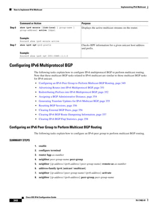 Implementing IPv6 Multicast
How to Implement IPv6 Multicast
348
Cisco IOS IPv6 Configuration Guide
78-17482-01
Configuring IPv6 Multiprotocol BGP
The following tasks explain how to configure IPv6 multiprotocol BGP to perform multicast routing.
Note that these multicast BGP tasks related to IPv6 multicast are similar to those multicast BGP tasks
for IPv6 unicast.
• Configuring an IPv6 Peer Group to Perform Multicast BGP Routing, page 349
• Advertising Routes into IPv6 Multiprotocol BGP, page 351
• Redistributing Prefixes into IPv6 Multiprotocol BGP, page 352
• Assigning a BGP Administrative Distance, page 354
• Generating Translate Updates for IPv6 Multicast BGP, page 355
• Resetting BGP Sessions, page 356
• Clearing External BGP Peers, page 356
• Clearing IPv6 BGP Route Dampening Information, page 357
• Clearing IPv6 BGP Flap Statistics, page 358
Configuring an IPv6 Peer Group to Perform Multicast BGP Routing
The following tasks explain how to configure an IPv6 peer group to perform multicast BGP routing.
SUMMARY STEPS
1. enable
2. configure terminal
3. router bgp as-number
4. neighbor peer-group-name peer-group
5. neighbor {ip-address | ipv6-address | peer-group-name} remote-as as-number
6. address-family ipv6 [unicast | multicast]
7. neighbor {ip-address | peer-group-name | ipv6-address} activate
8. neighbor {ip-address | ipv6-address} peer-group peer-group-name
Step 6 show ipv6 mroute [link-local | group-name |
group-address] active [kbps]
Example:
Router# show ipv6 mroute active
Displays the active multicast streams on the router.
Step 7 show ipv6 rpf ipv6-prefix
Example:
Router# show ipv6 rpf 2001:0DB8::1:1:2
Checks RPF information for a given unicast host address
and prefix.
Command or Action Purpose
 