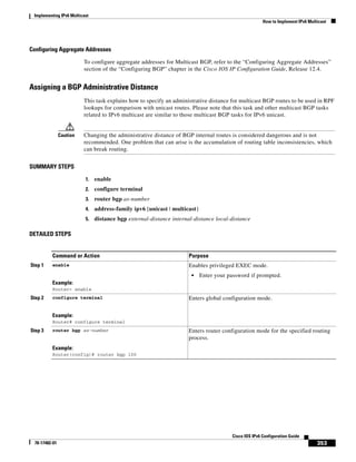 Implementing IPv6 Multicast
How to Implement IPv6 Multicast
353
Cisco IOS IPv6 Configuration Guide
78-17482-01
Configuring Aggregate Addresses
To configure aggregate addresses for Multicast BGP, refer to the “Configuring Aggregate Addresses”
section of the “Configuring BGP” chapter in the Cisco IOS IP Configuration Guide, Release 12.4.
Assigning a BGP Administrative Distance
This task explains how to specify an administrative distance for multicast BGP routes to be used in RPF
lookups for comparison with unicast routes. Please note that this task and other multicast BGP tasks
related to IPv6 multicast are similar to those multicast BGP tasks for IPv6 unicast.
Caution Changing the administrative distance of BGP internal routes is considered dangerous and is not
recommended. One problem that can arise is the accumulation of routing table inconsistencies, which
can break routing.
SUMMARY STEPS
1. enable
2. configure terminal
3. router bgp as-number
4. address-family ipv6 [unicast | multicast}
5. distance bgp external-distance internal-distance local-distance
DETAILED STEPS
Command or Action Purpose
Step 1 enable
Example:
Router> enable
Enables privileged EXEC mode.
• Enter your password if prompted.
Step 2 configure terminal
Example:
Router# configure terminal
Enters global configuration mode.
Step 3 router bgp as-number
Example:
Router(config)# router bgp 100
Enters router configuration mode for the specified routing
process.
 