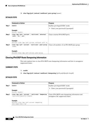 Implementing IPv6 Multicast
How to Implement IPv6 Multicast
356
Cisco IOS IPv6 Configuration Guide
78-17482-01
3. clear bgp ipv6 {unicast | multicast} peer-group [name]
DETAILED STEPS
Clearing IPv6 BGP Route Dampening Information
This task explains how to clear IPv6 BGP route dampening information and how to unsuppress
suppressed routes.
SUMMARY STEPS
1. enable
2. clear bgp ipv6 {unicast | multicast} dampening [ipv6-prefix/prefix-length]
DETAILED STEPS
Command or Action Purpose
Step 1 enable
Example:
Router> enable
Enables privileged EXEC mode.
• Enter your password if prompted.
Step 2 clear bgp ipv6 {unicast | multicast} external
[soft] [in | out]
Example:
Router# clear bgp ipv6 unicast external soft in
Clears external IPv6 BGP peers.
Step 3 clear bgp ipv6 {unicast | multicast} peer-group
[name]
Example:
Router# clear bgp ipv6 unicast peer-group
Clears all members of an IPv6 BGP peer group.
Command or Action Purpose
Step 1 enable
Example:
Router> enable
Enables privileged EXEC mode.
• Enter your password if prompted.
Step 2 clear bgp ipv6 {unicast | multicast} dampening
[ipv6-prefix/prefix-length]
Example:
Router# clear bgp ipv6 unicast dampening
2001:0DB8:7000::/64
Clears IPv6 BGP route dampening information and
unsuppress the suppressed routes.
 