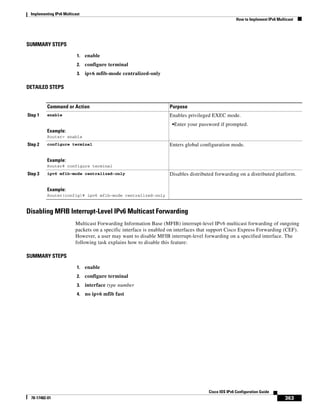 Implementing IPv6 Multicast
How to Implement IPv6 Multicast
363
Cisco IOS IPv6 Configuration Guide
78-17482-01
SUMMARY STEPS
1. enable
2. configure terminal
3. ipv6 mfib-mode centralized-only
DETAILED STEPS
Disabling MFIB Interrupt-Level IPv6 Multicast Forwarding
Multicast Forwarding Information Base (MFIB) interrupt-level IPv6 multicast forwarding of outgoing
packets on a specific interface is enabled on interfaces that support Cisco Express Forwarding (CEF).
However, a user may want to disable MFIB interrupt-level forwarding on a specified interface. The
following task explains how to disable this feature:
SUMMARY STEPS
1. enable
2. configure terminal
3. interface type number
4. no ipv6 mfib fast
Command or Action Purpose
Step 1 enable
Example:
Router> enable
Enables privileged EXEC mode.
•Enter your password if prompted.
Step 2 configure terminal
Example:
Router# configure terminal
Enters global configuration mode.
Step 3 ipv6 mfib-mode centralized-only
Example:
Router(config)# ipv6 mfib-mode centralized-only
Disables distributed forwarding on a distributed platform.
 