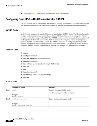 Implementing NAT Protocol Translation
How to Implement NAT-PT
386
Cisco IOS IPv6 Configuration Guide
78-17482-01
• Verifying NAT-PT Configuration and Operation, page 394 (optional)
Configuring Basic IPv6 to IPv4 Connectivity for NAT-PT
This task explains how to configure the NAT-PT prefix globally, and enable NAT-PT on an interface. For
NAT-PT to be operational, NAT-PT must be enabled on both the incoming and outgoing interfaces.
NAT-PT Prefix
An IPv6 prefix with a prefix length of 96 must be specified for NAT-PT to use. The IPv6 prefix can be
a unique local unicast prefix, a subnet of your allocated IPv6 prefix, or even an extra prefix obtained
from your Internet service provider (ISP). The NAT-PT prefix is used to match a destination address of
an IPv6 packet. If the match is successful, NAT-PT will use the configured address mapping rules to
translate the IPv6 packet to an IPv4 packet. The NAT-PT prefix can be configured globally or with
different IPv6 prefixes on individual interfaces. Using a different NAT-PT prefix on several interfaces
allows the NAT-PT router to support an IPv6 network with multiple exit points to IPv4 networks.
SUMMARY STEPS
1. enable
2. configure terminal
3. ipv6 nat prefix ipv6-prefix/prefix-length
4. interface type number
5. ipv6 address ipv6-prefix {/prefix-length | link-local}
6. ipv6 nat
7. exit
8. interface type number
9. ip address ip-address mask [secondary]
10. ipv6 nat
DETAILED STEPS
Command or Action Purpose
Step 1 enable
Example:
Router> enable
Enables privileged EXEC mode.
• Enter your password if prompted.
Step 2 configure terminal
Example:
Router# configure terminal
Enters global configuration mode.
 