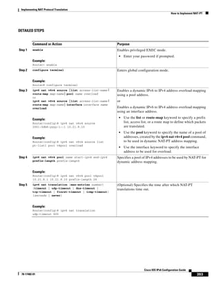 Implementing NAT Protocol Translation
How to Implement NAT-PT
393
Cisco IOS IPv6 Configuration Guide
78-17482-01
DETAILED STEPS
Command or Action Purpose
Step 1 enable
Example:
Router> enable
Enables privileged EXEC mode.
• Enter your password if prompted.
Step 2 configure terminal
Example:
Router# configure terminal
Enters global configuration mode.
Step 3 ipv6 nat v6v4 source {list access-list-name |
route-map map-name} pool name overload
or
ipv6 nat v6v4 source {list access-list-name |
route-map map-name} interface interface name
overload
Example:
Router(config)# ipv6 nat v6v4 source
2001:0db8:yyyy:1::1 10.21.8.10
Example:
Router(config)# ipv6 nat v6v4 source list
pt-list1 pool v4pool overload
Enables a dynamic IPv6 to IPv4 address overload mapping
using a pool address.
or
Enables a dynamic IPv6 to IPv4 address overload mapping
using an interface address.
• Use the list or route-map keyword to specify a prefix
list, access list, or a route map to define which packets
are translated.
• Use the pool keyword to specify the name of a pool of
addresses, created by the ipv6 nat v6v4 pool command,
to be used in dynamic NAT-PT address mapping.
• Use the interface keyword to specify the interface
address to be used for overload.
Step 4 ipv6 nat v6v4 pool name start-ipv4 end-ipv4
prefix-length prefix-length
Example:
Router(config)# ipv6 nat v6v4 pool v4pool
10.21.8.1 10.21.8.10 prefix-length 24
Specifies a pool of IPv4 addresses to be used by NAT-PT for
dynamic address mapping.
Step 5 ipv6 nat translation [max-entries number]
{timeout | udp-timeout | dns-timeout |
tcp-timeout | finrst-timeout | icmp-timeout}
{seconds | never}
Example:
Router(config)# ipv6 nat translation
udp-timeout 600
(Optional) Specifies the time after which NAT-PT
translations time out.
 
