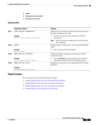 Implementing NAT Protocol Translation
How to Implement NAT-PT
395
Cisco IOS IPv6 Configuration Guide
78-17482-01
2. enable
3. debug ipv6 nat [detailed]
4. debug ipv6 nat [port]
DETAILED STEPS
Output Examples
This section provides the following output examples:
• Sample Output for the show ipv6 nat translations Command
• Sample Output for the show ipv6 nat statistics Command
• Sample Output for the clear ipv6 nat translation Command
• Sample Output for the debug ipv6 nat Command
Command or Action Purpose
Step 1 clear ipv6 nat translation *
Example:
Router> clear ipv6 nat translation *
(Optional) Clears dynamic NAT-PT translations from the
dynamic translation state table.
• Use the * keyword to clear all dynamic NAT-PT
translations.
Note Static translation configuration is not affected by
this command.
Step 2 enable
Example:
Router> enable
Enables higher privilege levels, such as privileged EXEC
mode.
• Enter your password if prompted.
Step 3 debug ipv6 nat [detailed]
Example:
Router# debug ipv6 nat detail
(Optional) Displays debugging messages for NAT-PT
translation events.
• Use the detailed keyword to display more detailed
information about the NAT-PT translation events.
Step 4 debug ipv6 nat [port]
Example:
Router# debug ipv6 nat port
Displays port allocation events during NAT-PT overload
operation.
 