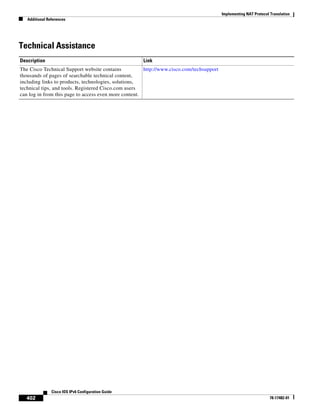 Implementing NAT Protocol Translation
Additional References
402
Cisco IOS IPv6 Configuration Guide
78-17482-01
Technical Assistance
Description Link
The Cisco Technical Support website contains
thousands of pages of searchable technical content,
including links to products, technologies, solutions,
technical tips, and tools. Registered Cisco.com users
can log in from this page to access even more content.
http://www.cisco.com/techsupport
 