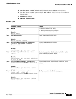 Implementing NetFlow for IPv6
How to Implement NetFlow for IPv6
405
Cisco IOS IPv6 Configuration Guide
78-17482-01
5. ipv6 flow-export template {refresh-rate packet-refresh-rate | timeout timeout-value}
6. ipv6 flow-export template options {export-stats | refresh-rate packet-refresh-rate | timeout
timeout-value}
7. interface type number
8. ipv6 flow {ingress | egress}
DETAILED STEPS
Command or Action Purpose
Step 1 enable
Example:
Router> enable
Enables privileged EXEC mode.
• Enter your password if prompted.
Step 2 configure terminal
Example:
Router# configure terminal
Enters global configuration mode.
Step 3 ipv6 flow-export version 9 [bgp-nexthop]
[origin-as [bgp-nexthop] | peer-as
[bgp-nexthop]]
Example:
Router(config)# ipv6 flow-export version 9
Enables NetFlow for IPv6 routing.
Step 4 ipv6 flow-export destination ip-address
udp-port
Example:
Router(config)# ipv6 flow-export destination
10.0.101.254 9991
Enables the exporting of information in NetFlow cache
entries to a specific address or port.
Step 5 ipv6 flow-export template {refresh-rate
packet-refresh-rate | timeout timeout-value}
Example:
Router(config)# ipv6 flow-export template
timeout 60
Enables the exporting of information in NetFlow cache
entries.
Step 6 ipv6 flow-export template options
{export-stats | refresh-rate
packet-refresh-rate | timeout timeout-value}
Example:
Router(config)# ipv6 flow-export template
options export-stats
Configures templates for IPv6 cache exports.
 