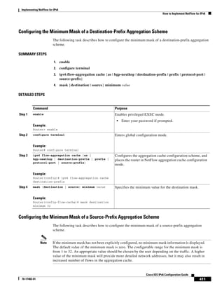 Implementing NetFlow for IPv6
How to Implement NetFlow for IPv6
411
Cisco IOS IPv6 Configuration Guide
78-17482-01
Configuring the Minimum Mask of a Destination-Prefix Aggregation Scheme
The following task describes how to configure the minimum mask of a destination-prefix aggregation
scheme.
SUMMARY STEPS
1. enable
2. configure terminal
3. ipv6 flow-aggregation cache {as | bgp-nexthop | destination-prefix | prefix | protocol-port |
source-prefix}
4. mask {destination | source} minimum value
DETAILED STEPS
Configuring the Minimum Mask of a Source-Prefix Aggregation Scheme
The following task describes how to configure the minimum mask of a source-prefix aggregation
scheme.
Note If the minimum mask has not been explicitly configured, no minimum mask information is displayed.
The default value of the minimum mask is zero. The configurable range for the minimum mask is
from 1 to 32. An appropriate value should be chosen by the user depending on the traffic. A higher
value of the minimum mask will provide more detailed network addresses, but it may also result in
increased number of flows in the aggregation cache.
Command Purpose
Step 1 enable
Example:
Router> enable
Enables privileged EXEC mode.
• Enter your password if prompted.
Step 2 configure terminal
Example:
Router# configure terminal
Enters global configuration mode.
Step 3 ipv6 flow-aggregation cache {as |
bgp-nexthop | destination-prefix | prefix |
protocol-port | source-prefix}
Example:
Router(config)# ipv6 flow-aggregation cache
destination-prefix
Configures the aggregation cache configuration scheme, and
places the router in NetFlow aggregation cache configuration
mode.
Step 4 mask {destination | source} minimum value
Example:
Router(config-flow-cache)# mask destination
minimum 32
Specifies the minimum value for the destination mask.
 