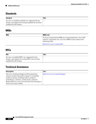 Implementing NetFlow for IPv6
Additional References
414
Cisco IOS IPv6 Configuration Guide
78-17482-01
Standards
MIBs
RFCs
Technical Assistance
Standard Title
No new or modified standards are supported by this
feature, and support for existing standards has not been
modified by this feature.
—
MIB MIBs Link
To locate and download MIBs for selected platforms, Cisco IOS
releases, and feature sets, use Cisco MIB Locator found at the
following URL:
http://www.cisco.com/go/mibs
RFC Title
No new or modified RFCs are supported by this
feature, and support for existing RFCs has not been
modified by this feature.
—
Description Link
The Cisco Technical Support & Documentation
website contains thousands of pages of searchable
technical content, including links to products,
technologies, solutions, technical tips, and tools.
Registered Cisco.com users can log in from this page to
access even more content.
http://www.cisco.com/techsupport
 