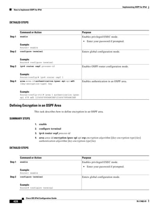 Implementing OSPF for IPv6
How to Implement OSPF for IPv6
428
Cisco IOS IPv6 Configuration Guide
78-17482-01
DETAILED STEPS
Defining Encryption in an OSPF Area
This task describes how to define encryption in an OSPF area.
SUMMARY STEPS
1. enable
2. configure terminal
3. ipv6 router ospf process-id
4. area area-id encryption ipsec spi spi esp encryption-algorithm [[key-encryption-type] key]
authentication-algorithm [key-encryption-type] key
DETAILED STEPS
Command or Action Purpose
Step 1 enable
Example:
Router> enable
Enables privileged EXEC mode.
• Enter your password if prompted.
Step 2 configure terminal
Example:
Router# configure terminal
Enters global configuration mode.
Step 3 ipv6 router ospf process-id
Example:
Router(config)# ipv6 router ospf 1
Enables OSPF router configuration mode.
Step 4 area area-id authentication ipsec spi spi md5
[key-encryption-type] key
Example:
Router(config-rtr)# area 1 authentication ipsec
spi 678 md5 1234567890ABCDEF1234567890ABCDEF
Enables authentication in an OSPF area.
Command or Action Purpose
Step 1 enable
Example:
Router> enable
Enables privileged EXEC mode.
• Enter your password if prompted.
Step 2 configure terminal
Example:
Router# configure terminal
Enters global configuration mode.
 
