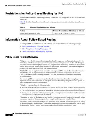 Implementing Policy-Based Routing for IPv6
Restrictions for Policy-Based Routing for IPv6
442
Cisco IOS IPv6 Configuration Guide
78-17482-01
Restrictions for Policy-Based Routing for IPv6
Distributed Cisco Express Forwarding (formerly known as dCEF) is supported on the Cisco 7500 series
routers only.
Table 25 identifies the earliest release for each early-deployment release in which the feature became
available.
Information About Policy-Based Routing
To configure PBR for IPv6 for Cisco IOS software, you must understand the following concepts:
• Policy-Based Routing Overview, page 442
• How Policy-Based Routing Works, page 443
• When to Use Policy-Based Routing, page 444
Policy-Based Routing Overview
PBR gives you a flexible means of routing packets by allowing you to configure a defined policy for
traffic flows, which leseens reliance on routes derived from routing protocols. To this end, PBR gives
you more control over routing by extending and complementing the existing mechanisms provided by
routing protocols. PBR allows you to set the IPv6 precedence. It also allows you to specify a path for
certain traffic, such as priority traffic over a high-cost link.
PBR for IPv6 may be applied to both forwarded and originated IPv6 packets. For forwarded packets,
PBR for IPv6 will be implemented as an IPv6 input interface feature, supported in the process,
Cisco Express Forwarding (formerly known as CEF), and distributed Cisco Express Forwarding
forwarding paths.
You can set up PBR as a way to route packets based on configured policies. For example, you can
implement routing policies to allow or deny paths based on the identity of a particular end system, an
application protocol, or the size of packets.
PBR allows you to perform the following tasks:
• Classify traffic based on extended access list criteria. Access lists, then, establish the match criteria.
• Set IPv6 precedence bits, giving the network the ability to enable differentiated classes of service.
• Route packets to specific traffic-engineered paths; you might need to route them to allow a specific
quality of service (QoS) through the network.
Policies can be based on IPv6 address, port numbers, protocols, or size of packets. For a simple policy,
you can use any one of these descriptors; for a complex policy, you can use all of them.
PBR allows you to classify and mark packets at the edge of the network. PBR marks a packet by setting
its precedence value. The precedence value can be used directly by routers in the network core to apply
the appropriate QoS to a packet, which keeps packet classification at your network edge.
Table 25 Minimum Required Cisco IOS Release
Feature Minimum Required Cisco IOS Release by Release
Policy-Based Routing for IPv6 12.3(7)T, 12.4, 12.4(2)T, 12.2(30)S
 