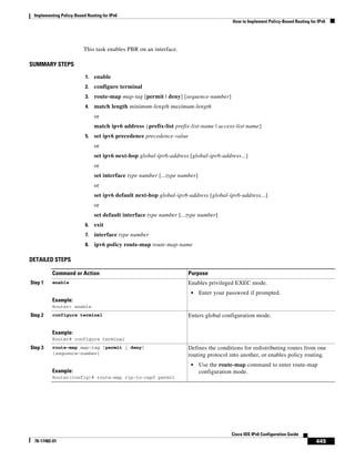 Implementing Policy-Based Routing for IPv6
How to Implement Policy-Based Routing for IPv6
445
Cisco IOS IPv6 Configuration Guide
78-17482-01
This task enables PBR on an interface.
SUMMARY STEPS
1. enable
2. configure terminal
3. route-map map-tag [permit | deny] [sequence-number]
4. match length minimum-length maximum-length
or
match ipv6 address {prefix-list prefix-list-name | access-list-name}
5. set ipv6 precedence precedence-value
or
set ipv6 next-hop global-ipv6-address [global-ipv6-address...]
or
set interface type number [...type number]
or
set ipv6 default next-hop global-ipv6-address [global-ipv6-address...]
or
set default interface type number [...type number]
6. exit
7. interface type number
8. ipv6 policy route-map route-map-name
DETAILED STEPS
Command or Action Purpose
Step 1 enable
Example:
Router> enable
Enables privileged EXEC mode.
• Enter your password if prompted.
Step 2 configure terminal
Example:
Router# configure terminal
Enters global configuration mode.
Step 3 route-map map-tag [permit | deny]
[sequence-number]
Example:
Router(config)# route-map rip-to-ospf permit
Defines the conditions for redistributing routes from one
routing protocol into another, or enables policy routing.
• Use the route-map command to enter route-map
configuration mode.
 
