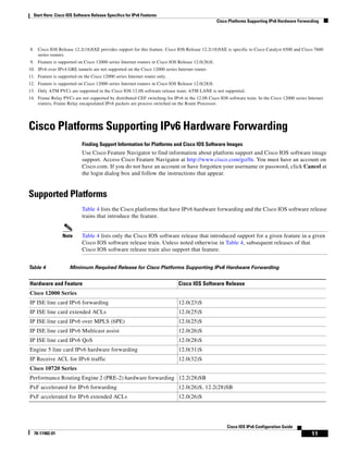 Start Here: Cisco IOS Software Release Specifics for IPv6 Features
Cisco Platforms Supporting IPv6 Hardware Forwarding
11
Cisco IOS IPv6 Configuration Guide
78-17482-01
Cisco Platforms Supporting IPv6 Hardware Forwarding
Finding Support Information for Platforms and Cisco IOS Software Images
Use Cisco Feature Navigator to find information about platform support and Cisco IOS software image
support. Access Cisco Feature Navigator at http://www.cisco.com/go/fn. You must have an account on
Cisco.com. If you do not have an account or have forgotten your username or password, click Cancel at
the login dialog box and follow the instructions that appear.
Supported Platforms
Table 4 lists the Cisco platforms that have IPv6 hardware forwarding and the Cisco IOS software release
trains that introduce the feature.
Note Table 4 lists only the Cisco IOS software release that introduced support for a given feature in a given
Cisco IOS software release train. Unless noted otherwise in Table 4, subsequent releases of that
Cisco IOS software release train also support that feature.
Table 4 Minimum Required Release for Cisco Platforms Supporting IPv6 Hardware Forwarding
8. Cisco IOS Release 12.2(18)SXE provides support for this feature. Cisco IOS Release 12.2(18)SXE is specific to Cisco Catalyst 6500 and Cisco 7600
series routers.
9. Feature is supported on Cisco 12000 series Internet routers in Cisco IOS Release 12.0(26)S.
10. IPv6 over IPv4 GRE tunnels are not supported on the Cisco 12000 series Internet router.
11. Feature is supported on the Cisco 12000 series Internet router only.
12. Feature is supported on Cisco 12000 series Internet routers in Cisco IOS Release 12.0(28)S.
13. Only ATM PVCs are supported in the Cisco IOS 12.0S software release train; ATM LANE is not supported.
14. Frame Relay PVCs are not supported by distributed CEF switching for IPv6 in the 12.0S Cisco IOS software train. In the Cisco 12000 series Internet
routers, Frame Relay encapsulated IPv6 packets are process switched on the Route Processor.
Hardware and Feature Cisco IOS Software Release
Cisco 12000 Series
IP ISE line card IPv6 forwarding 12.0(23)S
IP ISE line card extended ACLs 12.0(25)S
IP ISE line card IPv6 over MPLS (6PE) 12.0(25)S
IP ISE line card IPv6 Multicast assist 12.0(26)S
IP ISE line card IPv6 QoS 12.0(28)S
Engine 5 line card IPv6 hardware forwarding 12.0(31)S
IP Receive ACL for IPv6 traffic 12.0(32)S
Cisco 10720 Series
Performance Routing Engine 2 (PRE-2) hardware forwarding 12.2(28)SB
PxF accelerated for IPv6 forwarding 12.0(26)S, 12.2(28)SB
PxF accelerated for IPv6 extended ACLs 12.0(26)S
 