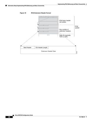 Implementing IPv6 Addressing and Basic Connectivity
Information About Implementing IPv6 Addressing and Basic Connectivity
30
Cisco IOS IPv6 Configuration Guide
78-17482-01
Figure 10 IPv6 Extension Header Format
IPv6
packet
IPv6 basic header
(40 octets)
Any number of
extension headers
51459
Next Header Ext Header Length
Extension Header Data
Data (for example,
TCP or UDP)
 