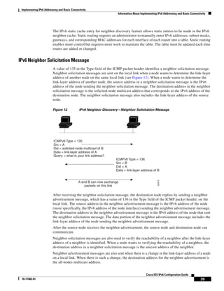 Implementing IPv6 Addressing and Basic Connectivity
Information About Implementing IPv6 Addressing and Basic Connectivity
35
Cisco IOS IPv6 Configuration Guide
78-17482-01
The IPv6 static cache entry for neighbor discovery feature allows static entries to be made in the IPv6
neighbor cache. Static routing requires an administrator to manually enter IPv6 addresses, subnet masks,
gateways, and corresponding MAC addresses for each interface of each router into a table. Static routing
enables more control but requires more work to maintain the table. The table must be updated each time
routes are added or changed.
IPv6 Neighbor Solicitation Message
A value of 135 in the Type field of the ICMP packet header identifies a neighbor solicitation message.
Neighbor solicitation messages are sent on the local link when a node wants to determine the link-layer
address of another node on the same local link (see Figure 12). When a node wants to determine the
link-layer address of another node, the source address in a neighbor solicitation message is the IPv6
address of the node sending the neighbor solicitation message. The destination address in the neighbor
solicitation message is the solicited-node multicast address that corresponds to the IPv6 address of the
destination node. The neighbor solicitation message also includes the link-layer address of the source
node.
Figure 12 IPv6 Neighbor Discovery—Neighbor Solicitation Message
After receiving the neighbor solicitation message, the destination node replies by sending a neighbor
advertisement message, which has a value of 136 in the Type field of the ICMP packet header, on the
local link. The source address in the neighbor advertisement message is the IPv6 address of the node
(more specifically, the IPv6 address of the node interface) sending the neighbor advertisement message.
The destination address in the neighbor advertisement message is the IPv6 address of the node that sent
the neighbor solicitation message. The data portion of the neighbor advertisement message includes the
link-layer address of the node sending the neighbor advertisement message.
After the source node receives the neighbor advertisement, the source node and destination node can
communicate.
Neighbor solicitation messages are also used to verify the reachability of a neighbor after the link-layer
address of a neighbor is identified. When a node wants to verifying the reachability of a neighbor, the
destination address in a neighbor solicitation message is the unicast address of the neighbor.
Neighbor advertisement messages are also sent when there is a change in the link-layer address of a node
on a local link. When there is such a change, the destination address for the neighbor advertisement is
the all-nodes multicast address.
52673
A and B can now exchange
packets on this link
ICMPv6 Type = 135
Src = A
Dst = solicited-node multicast of B
Data = link-layer address of A
Query = what is your link address?
ICMPv6 Type = 136
Src = B
Dst = A
Data = link-layer address of B
 
