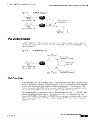 Implementing IPv6 Addressing and Basic Connectivity
Information About Implementing IPv6 Addressing and Basic Connectivity
43
Cisco IOS IPv6 Configuration Guide
78-17482-01
Figure 17 IPv6 Prefix Aggregation
IPv6 Site Multihoming
Multiple IPv6 prefixes can be assigned to networks and hosts. Having multiple prefixes assigned to a
network makes it easy for that network to connect to multiple ISPs without breaking the global routing
table (see Figure 18).
Figure 18 IPv6 Site Multihoming
IPv6 Data Links
In IPv6 networks, a data link is a network sharing a particular link-local prefix. Data links are networks
arbitrarily segmented by a network administrator in order to provide a multilevel, hierarchical routing
structure while shielding the subnetwork from the addressing complexity of attached networks. The
function of a subnetwork in IPv6 is similar to a subnetwork in IPv4. A subnetwork prefix is associated
with one data link; multiple subnetwork prefixes may be assigned to the same data link.
The following data links are supported for IPv6: ATM permanent virtual circuit (PVC) and ATM LANE,
Ethernet, Fast Ethernet, Gigabit Ethernet, FDDI, Frame Relay PVC, Cisco High-Level Data Link
Control (HDLC), PPP over Packet Over SONET, ISDN, serial interfaces, and dynamic packet transport
(DPT). See the Start Here: Cisco IOS Software Release Specifics for IPv6 Features for release details on
supported data links.
52680
2001:0410:0001::/48
Customer
no. 1
ISP
2001:0410::/35
IPv6 Internet
2001::/16
Only announces
the /35 prefix
2001:0410:0002::/48
Customer
no. 2
52681
2001:0410:0001::/48
2001:0418:0001::/48
ISP
2001:0418::/32
ISP
2001:0410::/32
IPv6 Internet
2001::/16
Announces the
2001:0410::/32 prefix
Announces the
2001:0418::/32 prefix
Customer
no. 1
 