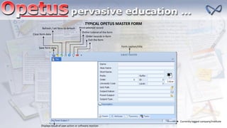 Exit the form
Order records in form
Online tutorial of the form
Print selected recordRefresh / set form to default
Clear form data
Save form data
Currently logged company/institute
Form caption/title
Displays result of user action or software reaction
TYPICAL OPETUS MASTER FORM
 