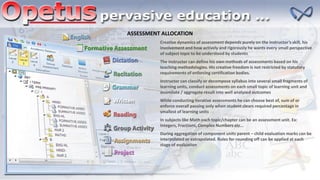 ASSESSMENT ALLOCATION
Creative dynamics of assessment depends purely on the instructor’s skill, his
involvement and how actively and rigorously he wants every small perspective
of subject topic to be understood by students
The instructor can define his own methods of assessments based on his
teaching methodologies. His creative freedom is not restricted by statutory
requirements of enforcing certification bodies.
Instructor can classify or decompose syllabus into several small fragments of
learning units, conduct assessments on each small topic of learning unit and
assimilate / aggregate result into well analyzed outcomes
While conducting iterative assessments he can choose best of, sum of or
enforce overall passing only when student clears required percentage in
smallest of learning units
In subjects like Math each topic/chapter can be an assessment unit. Ex:
Integers, Fractions, Complex Numbers etc…
During aggregation of component units parent – child evaluation marks can be
interpolated or extrapolated. Rules for rounding off can be applied at each
stage of evaluation
 