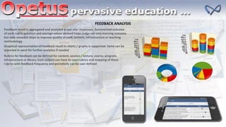 FEEDBACK ANALYSIS
Feedback result is aggregated and analyzed as per user responses. Summarized outcome
of each rubric question and average values derived helps judge not only learning outcome
but take remedial steps to improve quality of staff, content, infrastructure or teaching
methodology
Graphical representation of feedback result in charts / graphs is supported. Same can be
exported in excel for further analytics if needed
Rubrics for feedback can be defined for content, session / lecture, course, program,
infrastructure or library. Each subject can have its own rubrics and mapping of these
rubrics with feedback frequency and periodicity can be user defined
 