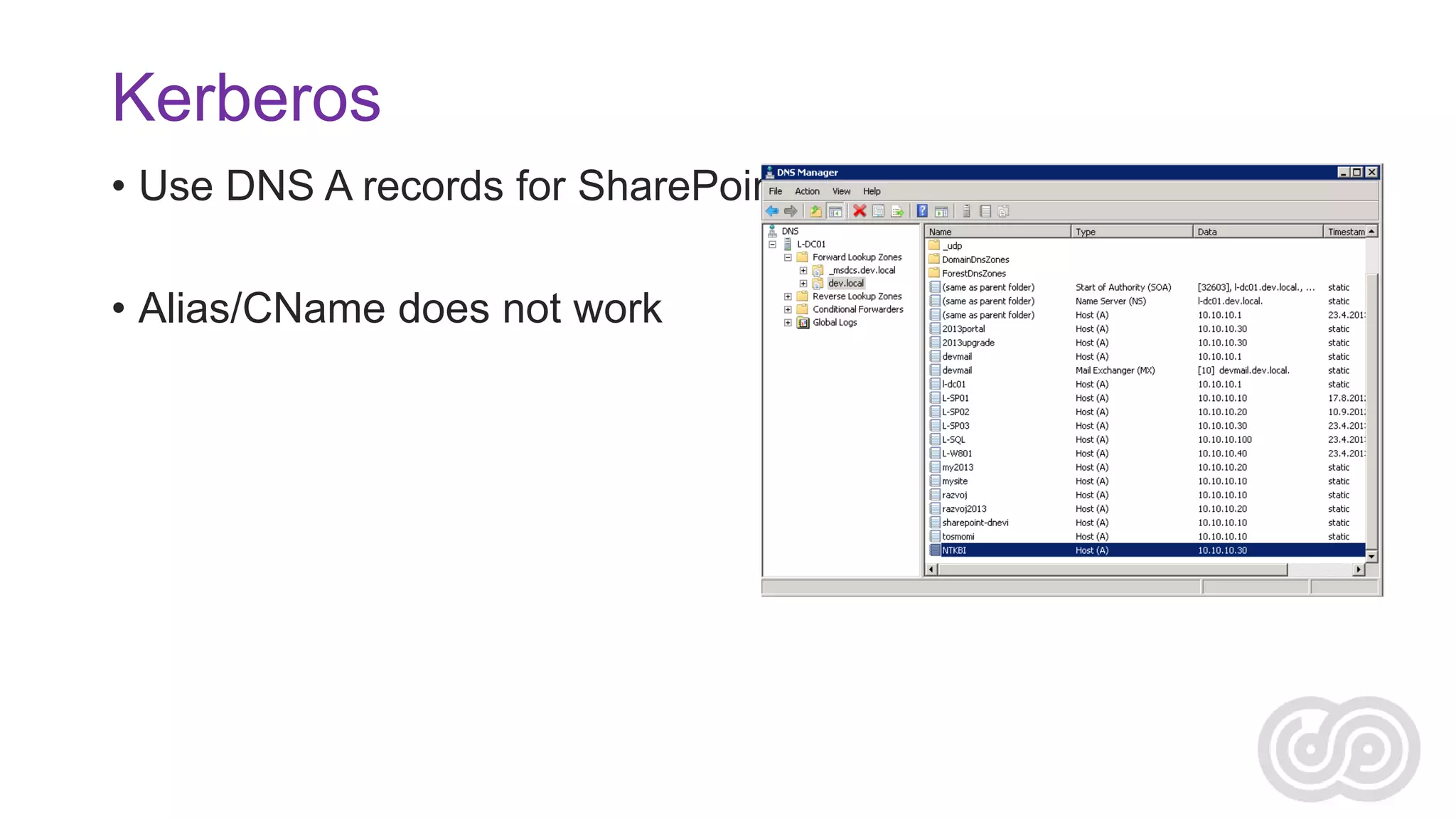 Kerberos
• Use DNS A records for SharePoint portal
• Alias/CName does not work

 
