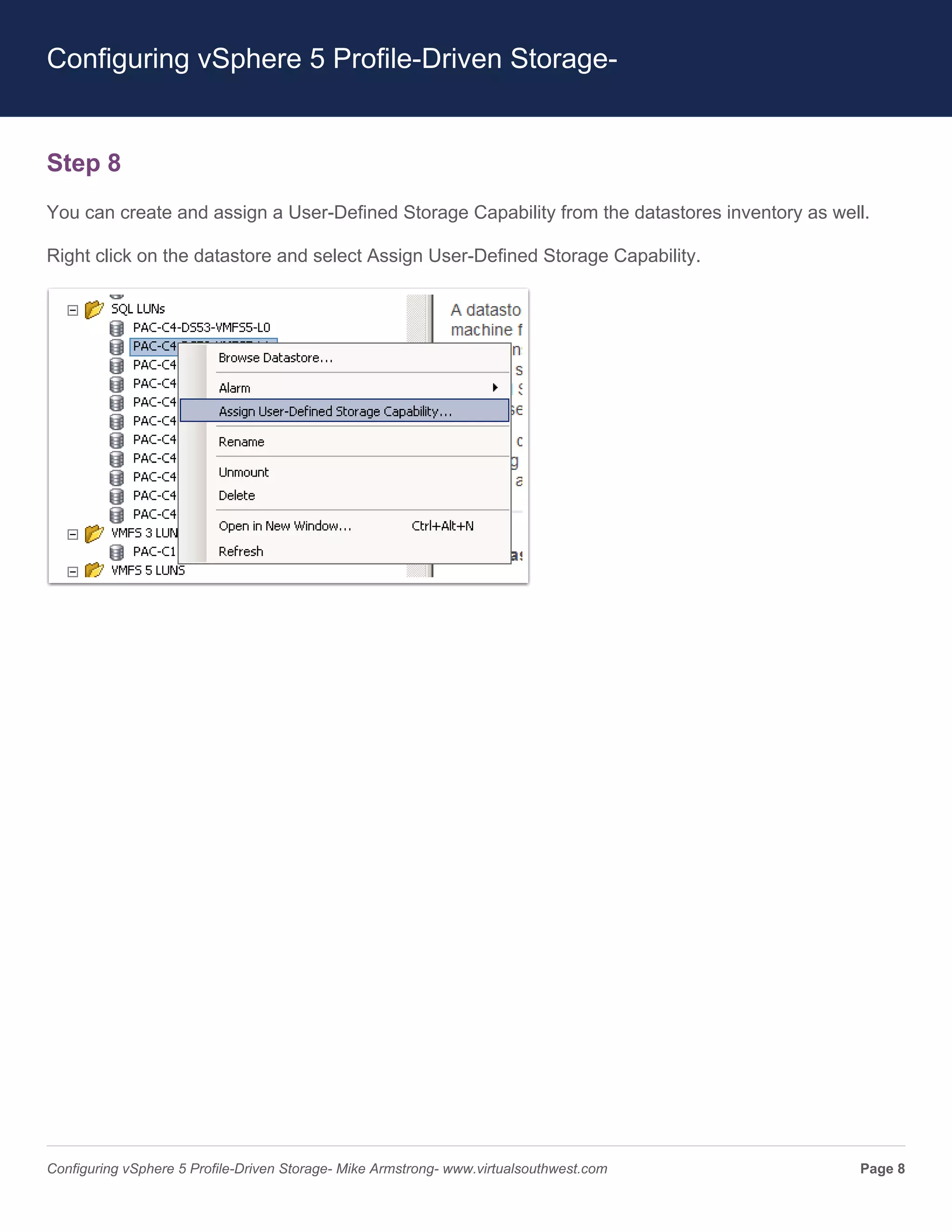 Configuring vSphere 5 Profile-Driven Storage-


Step 8
You can create and assign a User-Defined Storage Capability from the datastores inventory as well.

Right click on the datastore and select Assign User-Defined Storage Capability.




Configuring vSphere 5 Profile-Driven Storage- Mike Armstrong- www.virtualsouthwest.com          Page 8
 