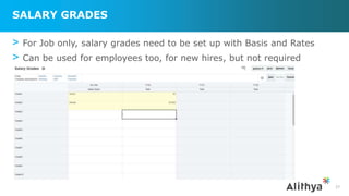 SALARY GRADES
> For Job only, salary grades need to be set up with Basis and Rates
> Can be used for employees too, for new hires, but not required
27
 