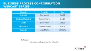 BUSINESS PROCESS CONFIGURATION
WEBCAST SERIES
Module Presenter Date
Financials Ron Moore Aug 18
Strategic Modeling Andrew Starks Sep 24
Capital David Pabst Oct 20
Workforce Kimberly Forest Nov 19
Projects Jesse Martin January
To Register:
https://www.odtug.com/online-education
 