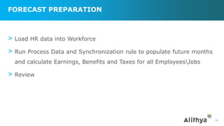 FORECAST PREPARATION
> Load HR data into Workforce
> Run Process Data and Synchronization rule to populate future months
and calculate Earnings, Benefits and Taxes for all EmployeesJobs
> Review
46
 