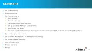 SUMMARY
> Set up Application
> Enable Workforce
> Configure Workforce
> Add Metadata
> Refresh database
> Planning and Forecast Preparation
> Set up Variables (Admin) & User variables
> Benefits and Tax Wizard
> If custom type benefitsearnings, then update member formula in "OWP_Custom Expense" Property (refresh)
> Set up Workforce Assumptions
> Set up Global Assumptions - FX Rates (if use Currency)
> Set up Merit Rates (if enabled)
> Load employee data
> Process and Sync
> Review
58
 