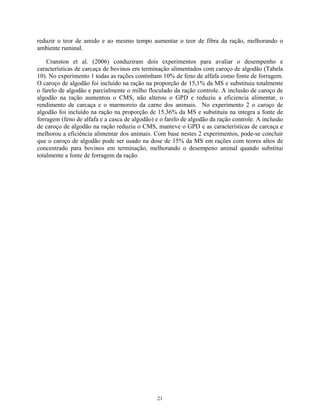 reduzir o teor de amido e ao mesmo tempo aumentar o teor de fibra da ração, melhorando o
ambiente ruminal.

    Cranston et al. (2006) conduziram dois experimentos para avaliar o desempenho e
características de carcaça de bovinos em terminação alimentados com caroço de algodão (Tabela
10). No experimento 1 todas as rações continham 10% de feno de alfafa como fonte de forragem.
O caroço de algodão foi incluído na ração na proporção de 15,1% da MS e substituiu totalmente
o farelo de algodão e parcialmente o milho floculado da ração controle. A inclusão de caroço de
algodão na ração aumentou o CMS, não alterou o GPD e reduziu a eficiencia alimentar, o
rendimento de carcaça e o marmoreio da carne dos animais. No experimento 2 o caroço de
algodão foi incluído na ração na proporção de 15,36% da MS e substituiu na integra a fonte de
forragem (feno de alfafa e a casca de algodão) e o farelo de algodão da ração controle. A inclusão
de caroço de algodão na ração reduziu o CMS, manteve o GPD e as características de carcaça e
melhorou a eficiência alimentar dos animais. Com base nestes 2 experimentos, pode-se concluir
que o caroço de algodão pode ser usado na dose de 15% da MS em rações com teores altos de
concentrado para bovinos em terminação, melhorando o desempeno animal quando substitui
totalmente a fonte de forragem da ração.




                                               21
 