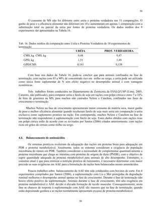 30


         O consumo de MS não foi diferente entre uréia e proteína verdadeira nas 11 comparações. O
ganho de peso e a eficiência alimentar não diferiram em 10 e aumentaram em apenas 1 comparação com a
substituição total ou parcial da uréia por fontes de proteína verdadeira. Os dados médios dos 9
experimentos são apresentados na Tabela 16.



Tab. 16. Dados médios da comparação entre Uréia x Proteína Verdadeira de 10 experimentos de
terminação
                                              URÉIA                   PROT. VERDADEIRA
       CMS, kg CMS, kg                            9,48                             9,47
       GPD, kg                                    1,51                             1,49
       GPD/CMS                                    0,161                            0,158


       Com base nos dados da Tabela 16, pode-se concluir que para animais confinados na fase de
terminação, com rações com 85 a 90% de concentrado rico em milho ou sorgo, a uréia pode ser utilizada
como única fonte suplementar de N sem efeito negativo no desempenho animal e com vantagens
econômicas.

        Três trabalhos foram conduzidos no Departamento de Zootecnia da ESALQ/USP (Lima, 2005;
Carareto, não publicado), para comparar uréia e farelo de soja em rações com polpa cítrica e entre 7 a 16%
de feno de gramínea na MS, para machos não castrados Nelore e Canchim, confinados nas fases de
crescimento e terminação.

       Machos Nelore na fase de crescimento apresentaram maior consumo de matéria seca, maior ganho
de peso e melhor eficiência alimentar quando receberam farelo de soja mais uréia em comparação à uréia
exclusiva como suplemento protéico na ração. Em contrapartida, machos Nelore e Canchim na fase de
terminação não responderam à suplementação com farelo de soja. Esses dados obtidos com rações ricas
em polpa cítrica estão de acordo com os revisados por Santos (2006) citados anteriormente, com rações
ricas em grãos de cereais como milho ou sorgo.



4.4.    Balanceamento de aminoácidos

        Os sistemas protéicos evoluíram da adequação das rações em proteína bruta para adequação em
PDR e proteína metabolizável. Atualmente, todos os sistemas consideram a exigência do população
microbiana do rúmen em PDR. Também consideram a necessidade de complementar quantitativamente a
proteína microbiana que chega ao intestino com proteína de origem da dieta (PNDR), com o objetivo de
suprir quantidade adequada de proteína metabolizável para animais de alto desempenho. Entretanto, o
consenso atual é que para otimizar a nutrição protéica de ruminantes, é necessário determinar com maior
precisão as suas exigências em AAE para a formulação de rações bem balanceadas nesses aminoácidos.

        Poucos trabalhos sobre balanceamento de AAE têm sido conduzidos com bovinos de corte. Em 4
experimentos compilados por Santos (2006), a suplementação com Lis e Met protegidas da degradação
ruminal melhorou o desempenho animal apenas na fase de crescimento. Durante a fase de terminação não
houve efeito positivo da suplementação. Animais durante a fase de crescimento, têm alta exigência em
proteína metabolizável e AAE devido à elevada formação de tecido muscular. Consequentemente, nesta
fase as chances de resposta à suplementação com AAE são maiores que na fase de terminação, quando
estão depositando gordura e as rações normalmente apresentam excesso de proteína metabolizável.


                                                   30
 