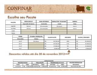 STAND TV RURAL CENTRO/UOL
VALOR C/ DESCONTOVALOR PACOTE DESCONTO
MÍDIA DISPLAY PUBLI-EDITORIAIS NEWSLETTER "TÁ NA REDE" BUREAU
Impressões de banner Conteúdos emails Cotas
MASTER 500 mil 06 conteúdos 04 emails marca
PLATINA 250 mil 03 conteúdos marca
OURO
PRATA
PACOTES
Dimensões Videos
18 m² 06 videos 64.200,00R$ 30% 45.000,00R$
18 m² 44.500,00R$ 21% 35.000,00R$
12 m² 15.000,00R$ 0% 15.000,00R$
9 m² 8.000,00R$ 0% 8.000,00R$
VALOR C/ DESCONTOVALOR PACOTE DESCONTO
Cotas Valor 04 Cotas Valor 02 Cotas Valor
1 encarte 3.000,00R$ Completo 3.000,00R$ 03 palestras 6.000,00R$
SINALIZAÇÃOENCARTE PASTAS
Desconto de 20%
COTAS AVULSAS
TRANSMISSÃOAOVIVO ANUÁRIOREPRODUZIR
2014/2015
 