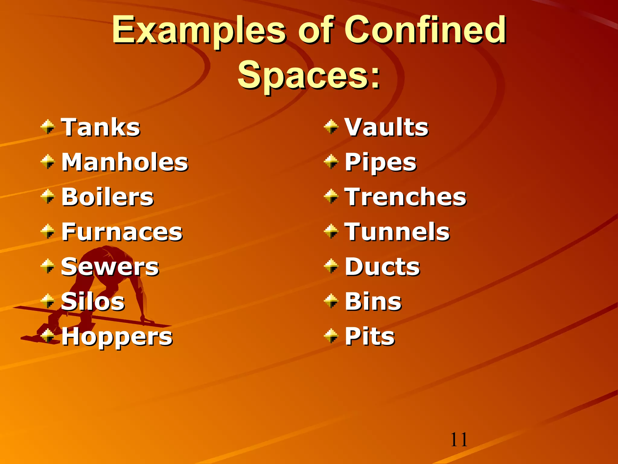 Examples of Confined
        Spaces:
Tanks         Vaults
Manholes      Pipes
Boilers       Trenches
Furnaces      Tunnels
Sewers        Ducts
Silos         Bins
Hoppers       Pits



                    11
 