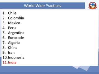 10
World Wide Practices
1. Chile
2. Colombia
3. Mexico
4. Peru
5. Argentina
6. Eurocode
7. Algeria
8. China
9. Iran
10.Indonesia
11.India
 