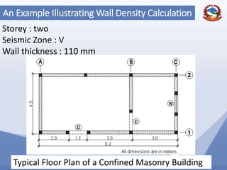 78
An Example Illustrating Wall Density Calculation
Storey : two
Seismic Zone : V
Wall thickness : 110 mm
Typical Floor Plan of a Confined Masonry Building
 