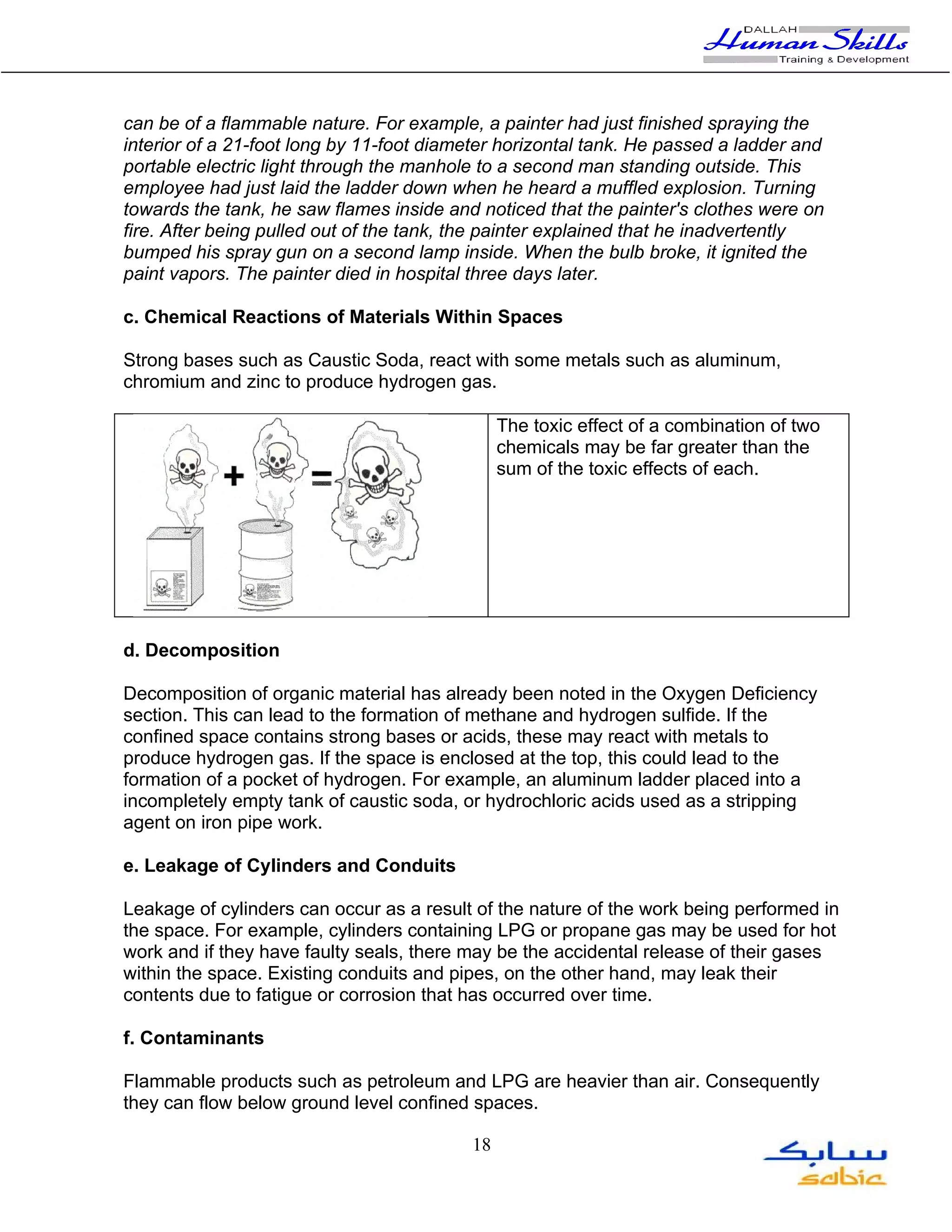 can be of a flammable nature. For example, a painter had just finished spraying the
interior of a 21-foot long by 11-foot diameter horizontal tank. He passed a ladder and
portable electric light through the manhole to a second man standing outside. This
employee had just laid the ladder down when he heard a muffled explosion. Turning
towards the tank, he saw flames inside and noticed that the painter's clothes were on
fire. After being pulled out of the tank, the painter explained that he inadvertently
bumped his spray gun on a second lamp inside. When the bulb broke, it ignited the
paint vapors. The painter died in hospital three days later.

c. Chemical Reactions of Materials Within Spaces

Strong bases such as Caustic Soda, react with some metals such as aluminum,
chromium and zinc to produce hydrogen gas.

                                               The toxic effect of a combination of two
                                               chemicals may be far greater than the
                                               sum of the toxic effects of each.




d. Decomposition

Decomposition of organic material has already been noted in the Oxygen Deficiency
section. This can lead to the formation of methane and hydrogen sulfide. If the
confined space contains strong bases or acids, these may react with metals to
produce hydrogen gas. If the space is enclosed at the top, this could lead to the
formation of a pocket of hydrogen. For example, an aluminum ladder placed into a
incompletely empty tank of caustic soda, or hydrochloric acids used as a stripping
agent on iron pipe work.

e. Leakage of Cylinders and Conduits

Leakage of cylinders can occur as a result of the nature of the work being performed in
the space. For example, cylinders containing LPG or propane gas may be used for hot
work and if they have faulty seals, there may be the accidental release of their gases
within the space. Existing conduits and pipes, on the other hand, may leak their
contents due to fatigue or corrosion that has occurred over time.

f. Contaminants

Flammable products such as petroleum and LPG are heavier than air. Consequently
they can flow below ground level confined spaces.

                                          18
 