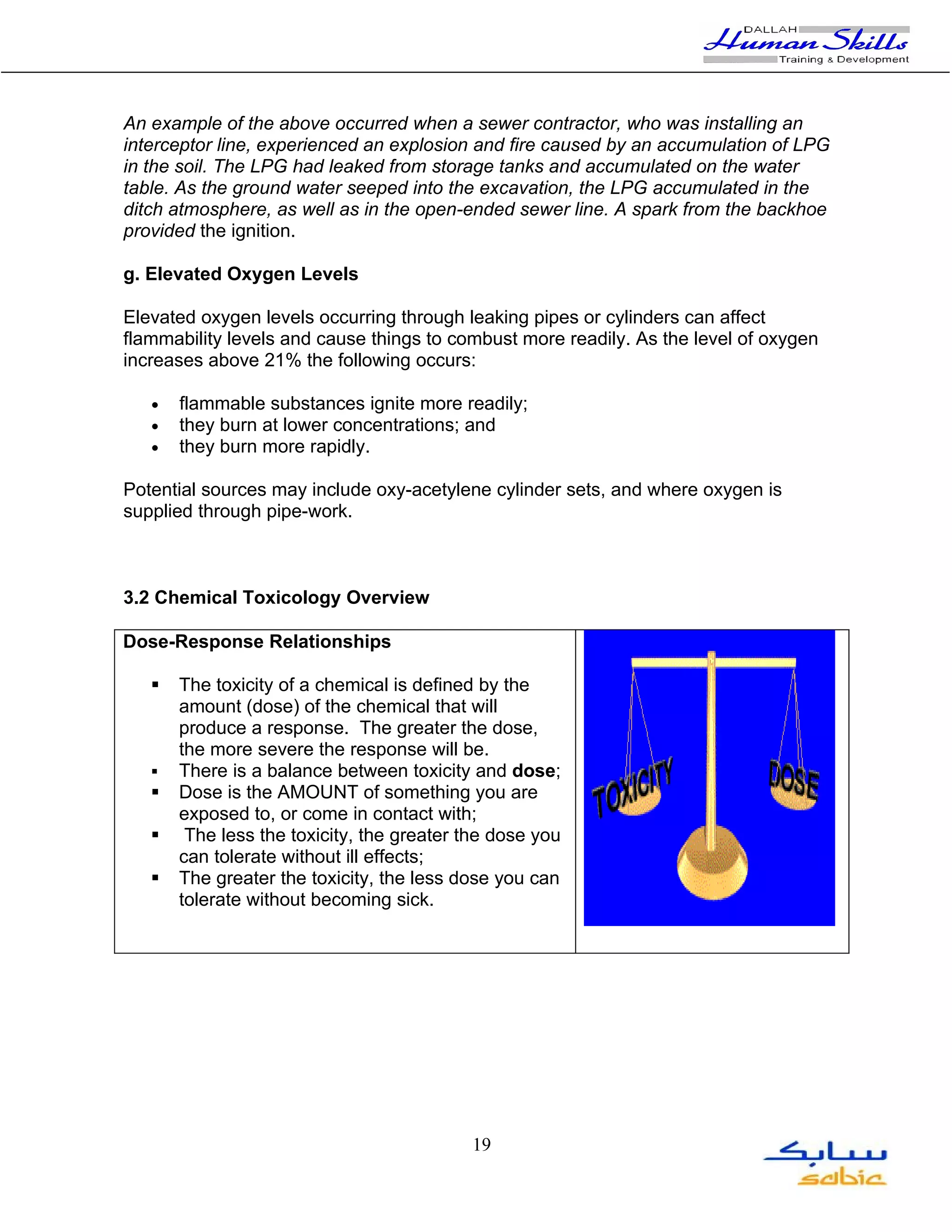 An example of the above occurred when a sewer contractor, who was installing an
interceptor line, experienced an explosion and fire caused by an accumulation of LPG
in the soil. The LPG had leaked from storage tanks and accumulated on the water
table. As the ground water seeped into the excavation, the LPG accumulated in the
ditch atmosphere, as well as in the open-ended sewer line. A spark from the backhoe
provided the ignition.

g. Elevated Oxygen Levels

Elevated oxygen levels occurring through leaking pipes or cylinders can affect
flammability levels and cause things to combust more readily. As the level of oxygen
increases above 21% the following occurs:

   •   flammable substances ignite more readily;
   •   they burn at lower concentrations; and
   •   they burn more rapidly.

Potential sources may include oxy-acetylene cylinder sets, and where oxygen is
supplied through pipe-work.



3.2 Chemical Toxicology Overview

Dose-Response Relationships

      The toxicity of a chemical is defined by the
       amount (dose) of the chemical that will
       produce a response. The greater the dose,
       the more severe the response will be.
      There is a balance between toxicity and dose;
      Dose is the AMOUNT of something you are
       exposed to, or come in contact with;
       The less the toxicity, the greater the dose you
       can tolerate without ill effects;
      The greater the toxicity, the less dose you can
       tolerate without becoming sick.




                                           19
 