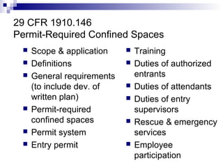 29 CFR 1910.146
Permit-Required Confined Spaces









Scope & application
Definitions
General requirements
(to in...
