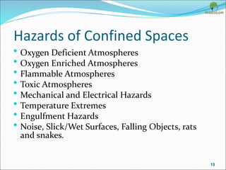 Hazards of Confined Spaces
• Oxygen Deficient Atmospheres
• Oxygen Enriched Atmospheres
• Flammable Atmospheres
• Toxic Atmospheres
• Mechanical and Electrical Hazards
• Temperature Extremes
• Engulfment Hazards
• Noise, Slick/Wet Surfaces, Falling Objects, rats
and snakes.
13
 