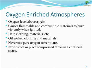 Oxygen Enriched Atmospheres
• Oxygen level above 23.5%.
• Causes flammable and combustible materials to burn
violently when ignited.
• Hair, clothing, materials, etc.
• Oil soaked clothing and materials.
• Never use pure oxygen to ventilate.
• Never store or place compressed tanks in a confined
space.
15
 