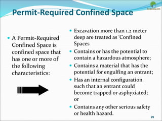 Permit-Required Confined Space
 A Permit-Required
Confined Space is
confined space that
has one or more of
the following
characteristics:
 Excavation more than 1.2 meter
deep are treated as ‘Confined
Spaces
 Contains or has the potential to
contain a hazardous atmosphere;
 Contains a material that has the
potential for engulfing an entrant;
 Has an internal configuration
such that an entrant could
become trapped or asphyxiated;
or
 Contains any other serious safety
or health hazard.
29
 