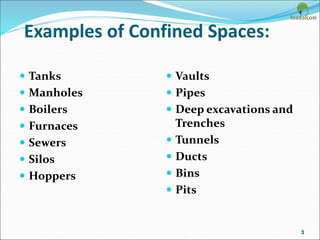 Examples of Confined Spaces:
 Tanks
 Manholes
 Boilers
 Furnaces
 Sewers
 Silos
 Hoppers
 Vaults
 Pipes
 Deep excavations and
Trenches
 Tunnels
 Ducts
 Bins
 Pits
3
 
