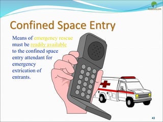 Confined Space Entry
43
Means of emergency rescue
must be readily available
to the confined space
entry attendant for
emergency
extrication of
entrants.
 
