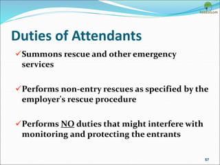 Duties of Attendants
Summons rescue and other emergency
services
Performs non-entry rescues as specified by the
employer's rescue procedure
Performs NO duties that might interfere with
monitoring and protecting the entrants
57
 