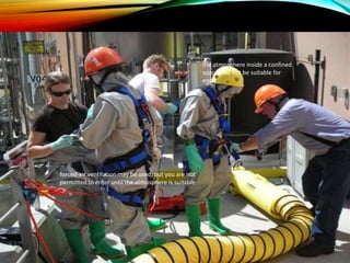the atmosphere inside a confined
space may not be suitable for
entry
forced-air ventilation may be used, but you are not
permitted to enter until the atmosphere is suitable
 