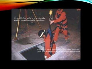 it is possible for a worker to be overcome by
a sudden change in atmospheric conditions
ensure that a rescue procedure is in place in case an entrant
needs to be removed from a confined space in an emergency
 