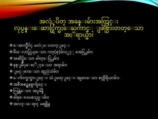 အလံ ပိတ္ အခန္ ်ားမ်ာ်ားအတတင္္ ်ား
လပငန္ ်ားေ ဆာင္င္ြကႈေ ႀကာင္္ ဖင္စ္ာ်ားတတ္ေ သာ
အႏ ရာယ္်ာ်ား
ေ အာကစဂ်င္္ မလံ ေ လာက္ ခင္္ ်ား
မ်ားေ လာပ္င္လယ္္ေ သာ ဂတ္(စ္)မ်ာ်ားႏ င္္ ေအခင္႕မ်ာ်ား
အဆိပြမိေ သာ ဓါတ္ေ ခင္႕မ်ာ်ား
နစ္ မဳပ္ေ စႏ ိ င္္ေ သာ အရာမ်ာ်ား
 မင္္ မာ်ားေ သာ ဆူညံသံမ်ာ်ား
ေ က်ာကစကစာ်ား ခင္္ ်ား၊ သံ ဖတ္ ခင္္ ်ား၊ အ ခာ်ားေ သာ စက
က ိရိယ္ာမ်ာ်ား
အစအစဥစနစက် ခင္္ ်ား
တလန္ကြဲေ သာ အပူခ် ိ
န္
ဓါဓေ ဗဒပစၥည္ ်ားမ်ာ်ား
အလင္္ ်ားေ ရာင္္ မရရိမူ
 